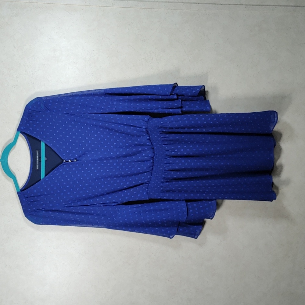 G114 White House Black Market blue dotted Swiss bell sleeve dress 4